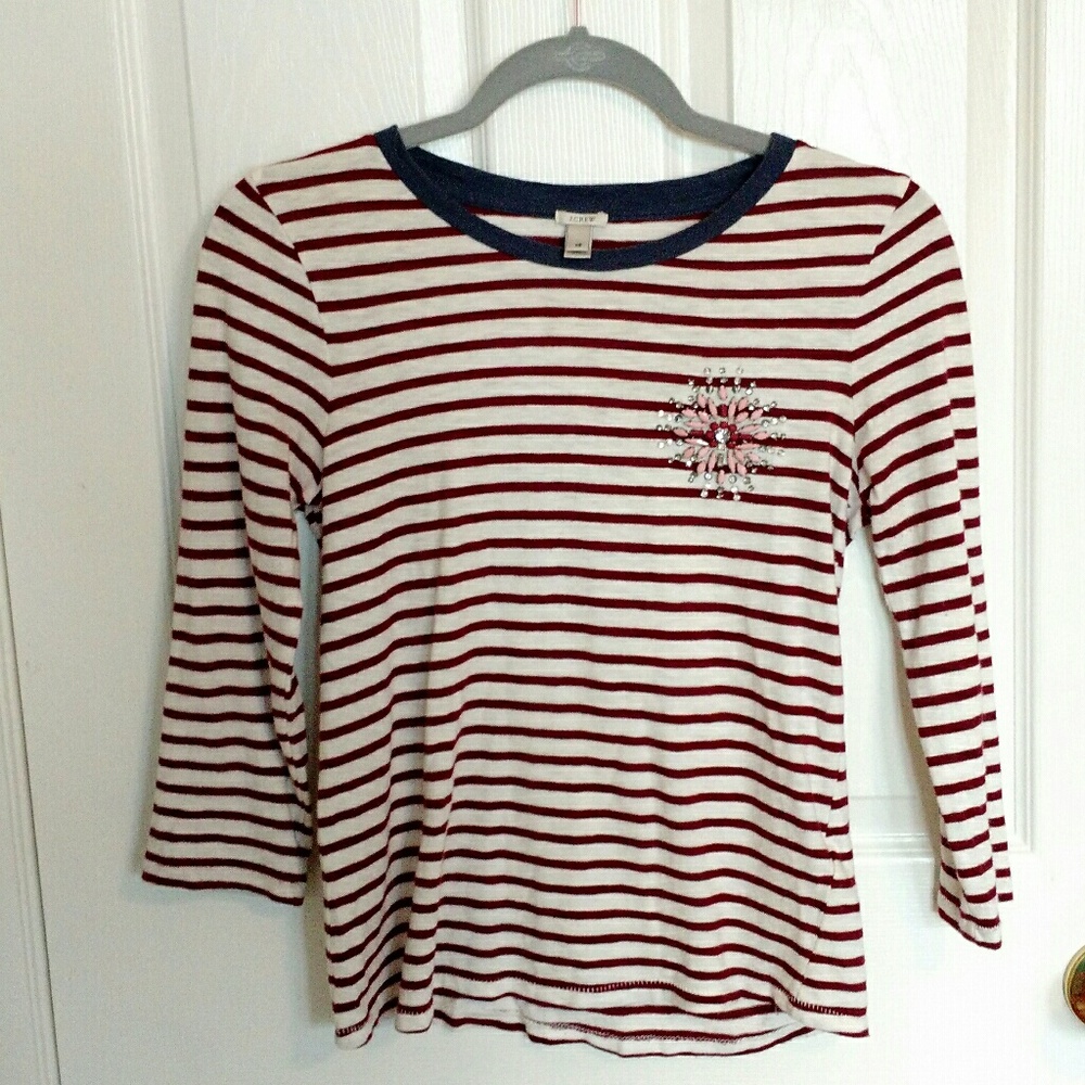 J. crew Stripe painter tee with jeweled brooch